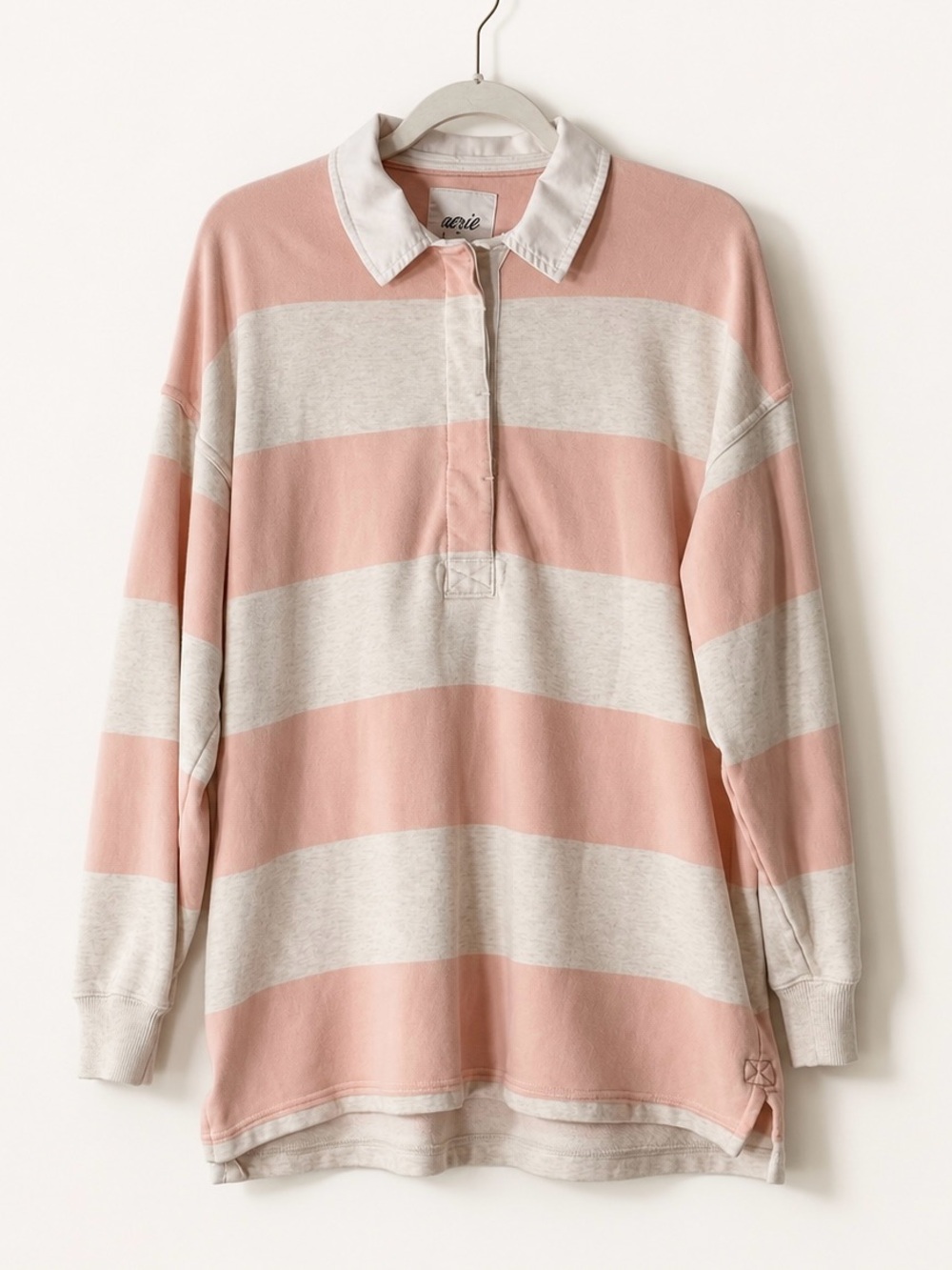 Aerie Oversized Rugby Sweatshirt Pink Ivory Stripe Collared Pullover M - Picture 2 of 7